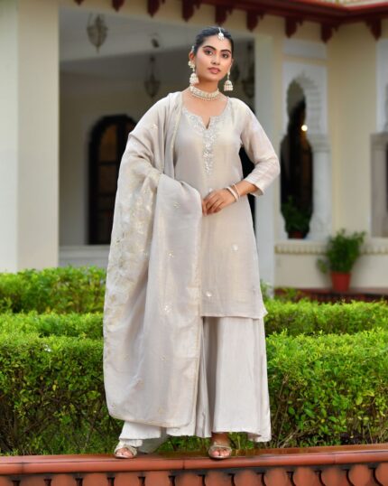 Vaasva Women Pink tissue shimmer kurta with Opada silk sharara pant & dupatta