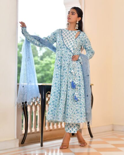 Vaasva Women Blue cotton anarkali suit with cotton pant & dupatta